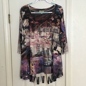 NWOT ONE WORLD Purple Floral London Graphic Tunic